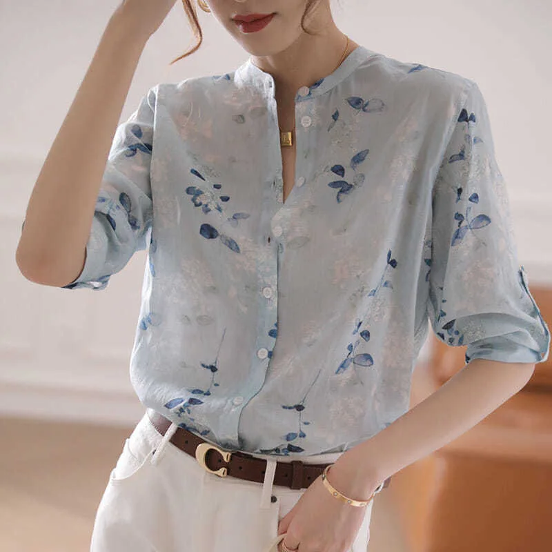 

Women Spring Summer Style Blouses Shirts Lady Casual Half Sleeve V-Neck Blusas Tops DD9206