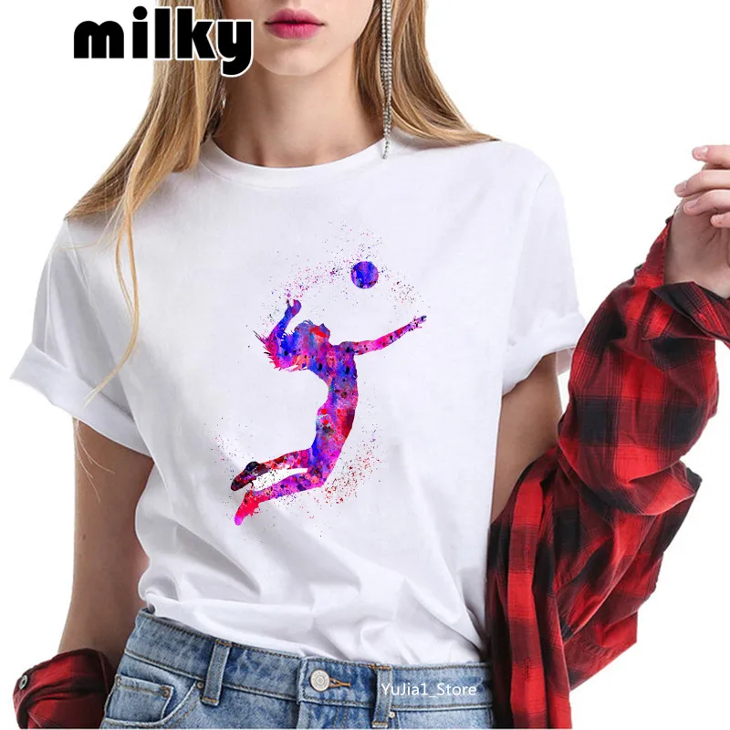 2021 Hot sale watercolor volleyball girls printed tshirt women love sports tees summer tops female white t-shirt funny t shirts