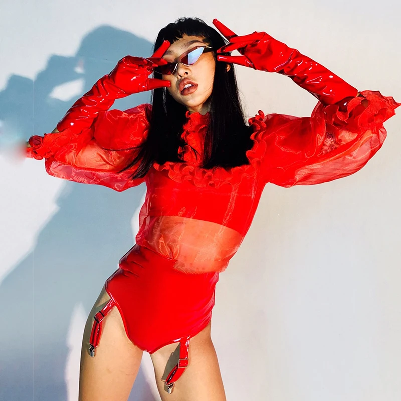 

2023 Women Seethrough Mesh Top Leather Shorts Pole Dance Clothing Nightclub Singer Festival Outfit Drag Queen Costumes DN5571