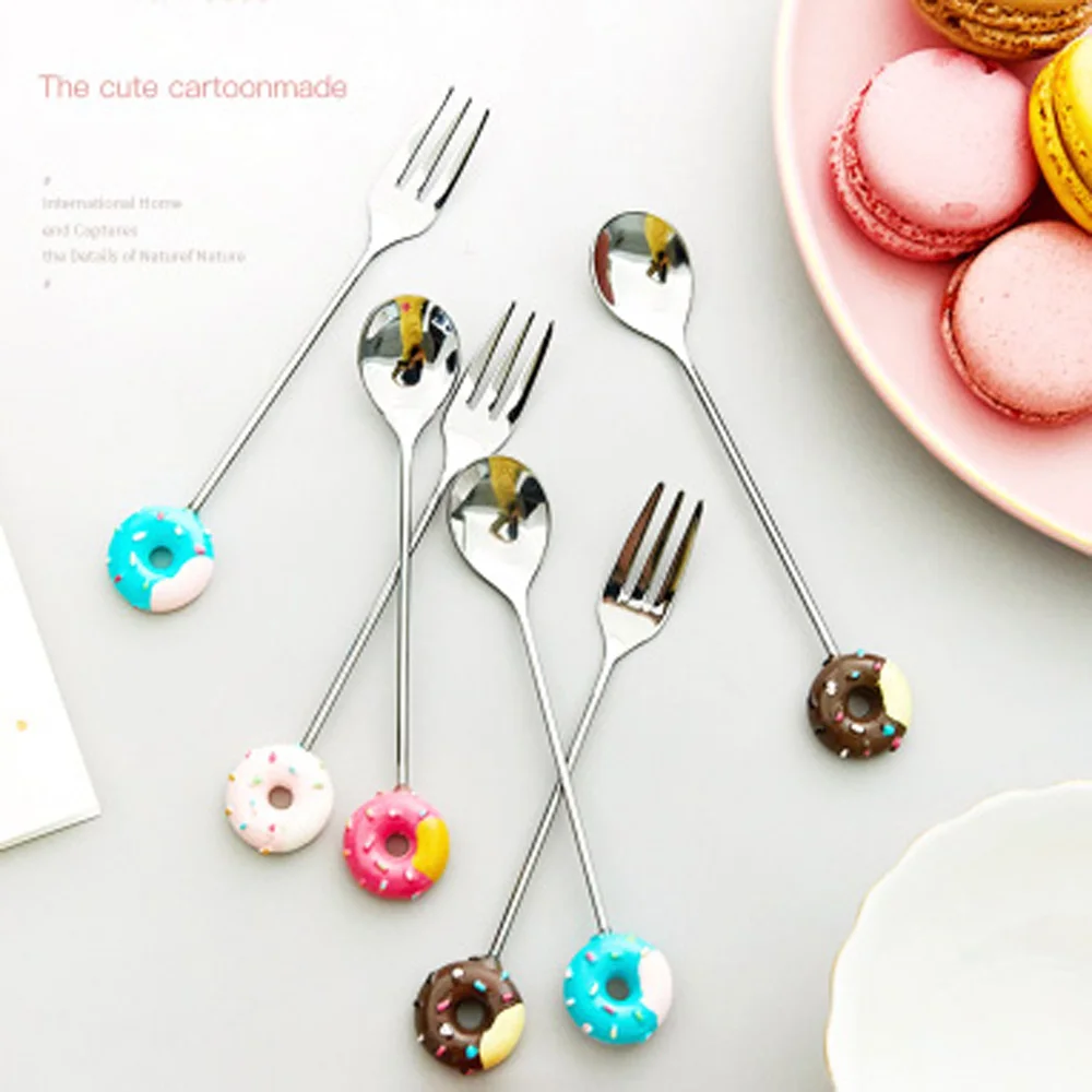 Dessert Spoon Fork Lovely Donut Decor Stainless Steel Coffee Ice Cream Spoon Kitchen Flatware Kids Dinnerware High Quality