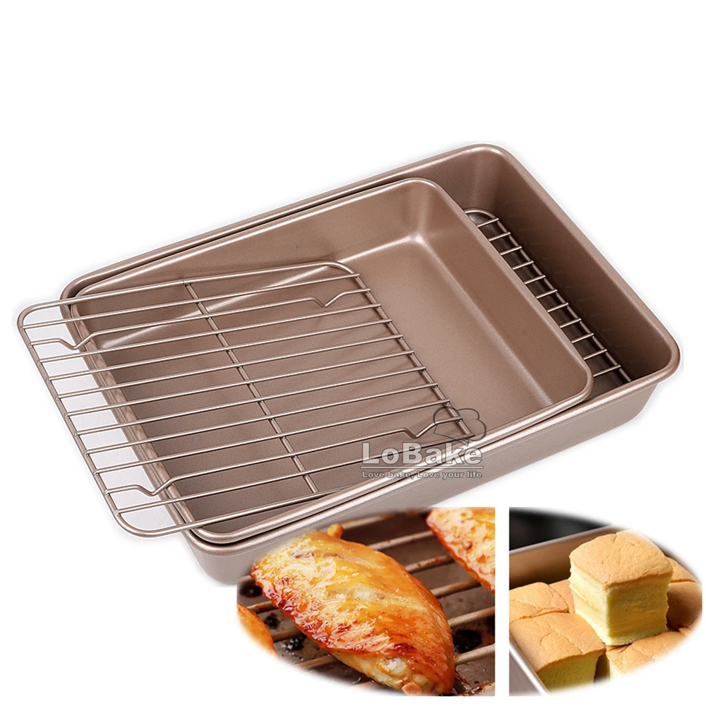 11 13 inches Deep Rectangle Heavy Thick Golden Nonstick Steel Baking Pan with Frame Net Holder Cookie Biscuit Tray for Oven