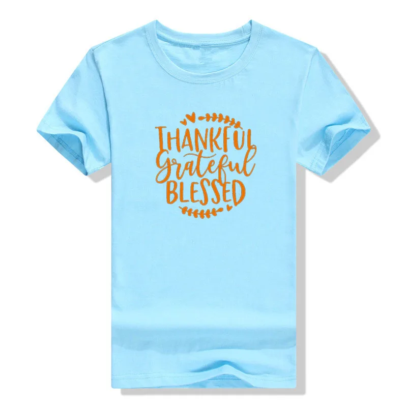 Thanksgiving Shirt for Women Thankful Grateful Blessed T-Shirt Funny Graphic Tees Tops Fall Tshirts