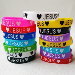 20PCS Lots Jesus Silicone Bracelets Devout Christian Church Prayer Rubber Band Night Glow Mix Color Hand Wristband Brand Jewelri