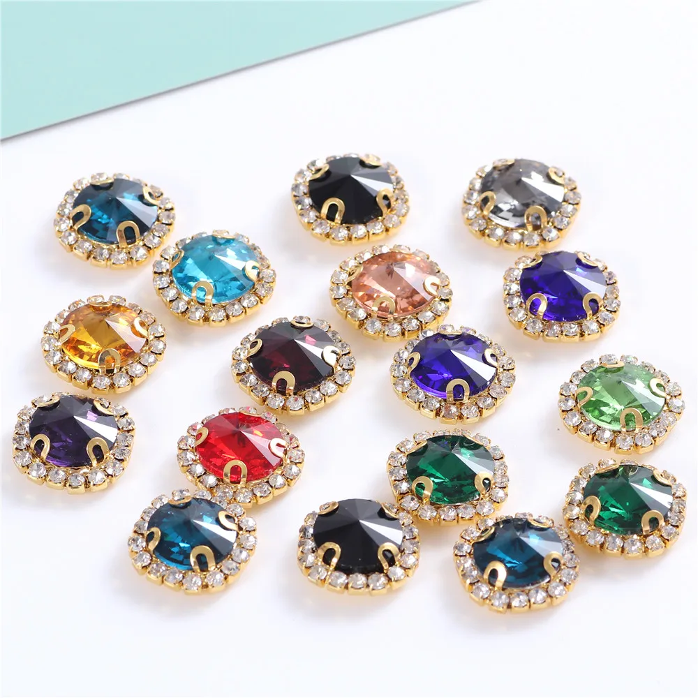 New 10pcs Colorful Round Glass Sew on Rhinestones With Golden Lace Claw Sewing Crystal Flatback Red Rhinestone For Needlework