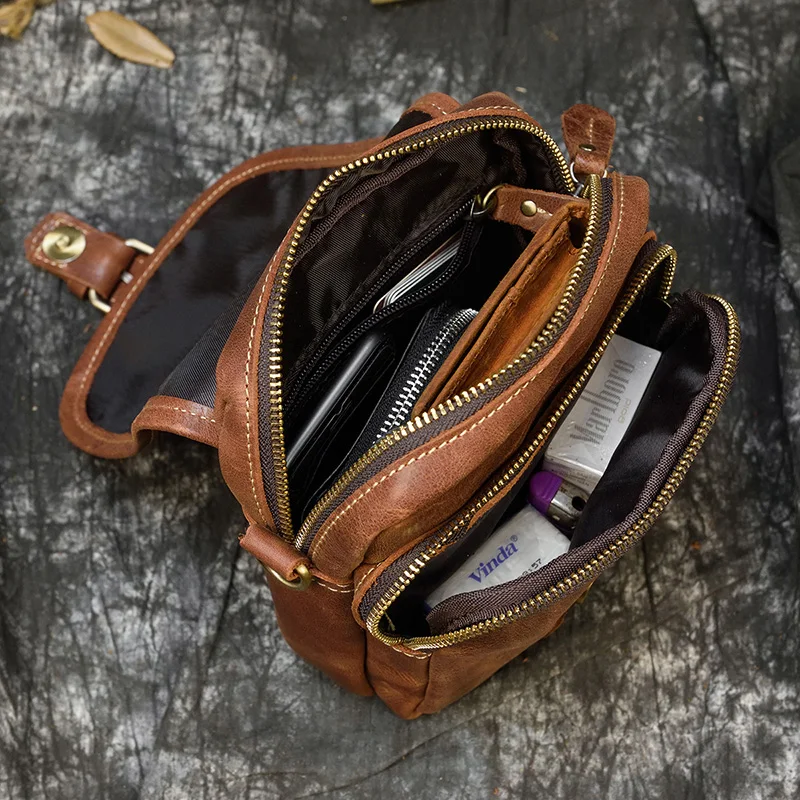 Men\'s Genuine Leather Waist Bag 2 Use Wow Leather Small Messenger Bag Cowhide Fanny Waist Pack Real Leather Shoulder Bag Brown