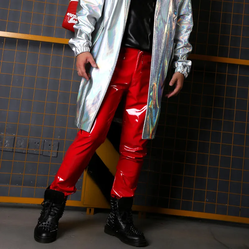 New Stage DJ Hip Hop PU Leather Trousers Singer Dancer Punk Costume Motorcycle Leather Pants Fashion Slim Fit Faux Leather Pants
