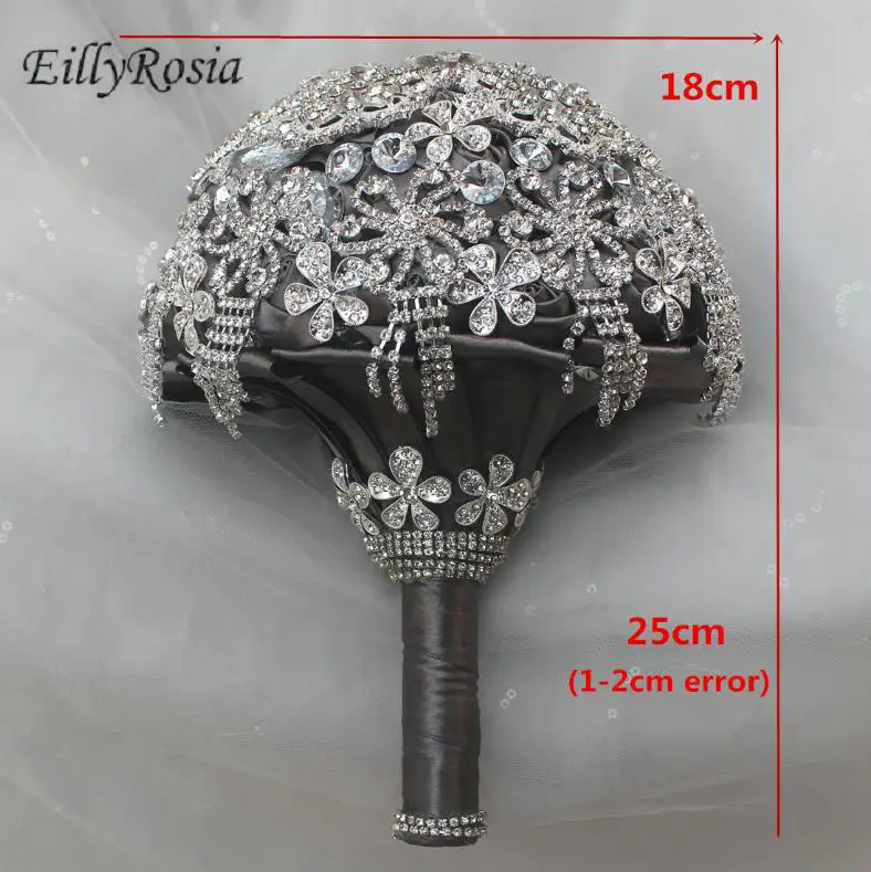 Eillyrosia strass borla nupcial bouquet cinza cetim prata cristais jóias casamento buquê noiva flores fita de seda luxo