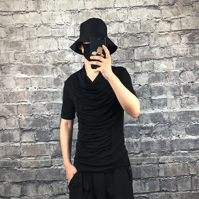 Men's new fashion high street summer hair stylist T-shirt solid color all-match slim body base large size short sleeves