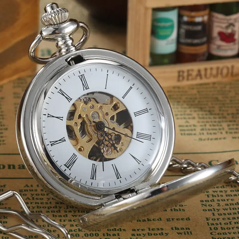Reloj de bolsillo mecánico con números romanos para hombre y mujer, reloj de lujo con funda plateada lisa, cadena Fob de esqueleto Steampunk, regalo