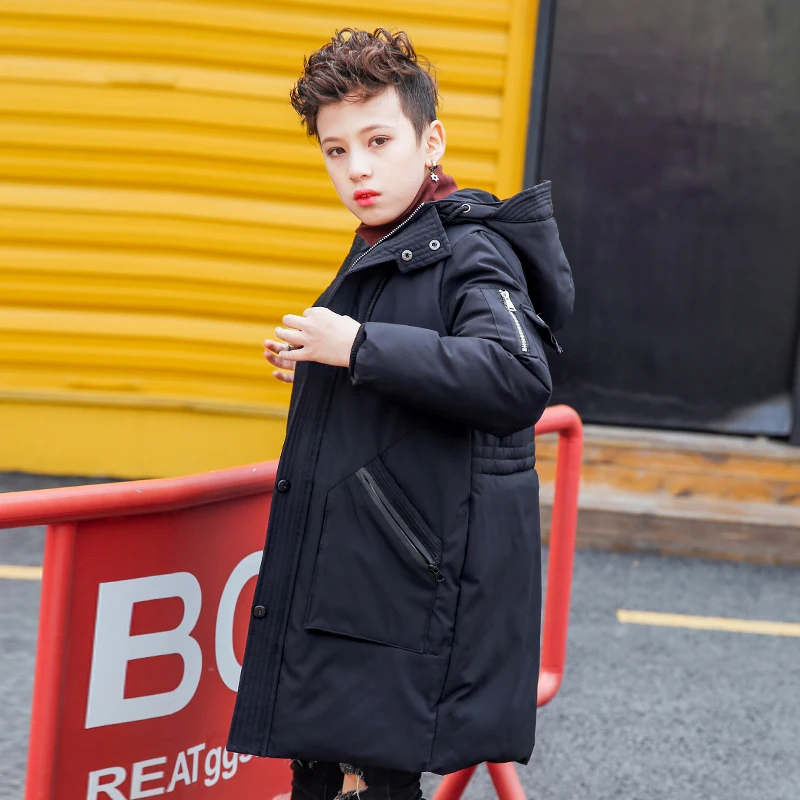 FYH New Kids Clothing Winter Boys Hooded Warm Down Coat Big Boys Long Parkas School Children Winter Jackets Thickening Outerwear