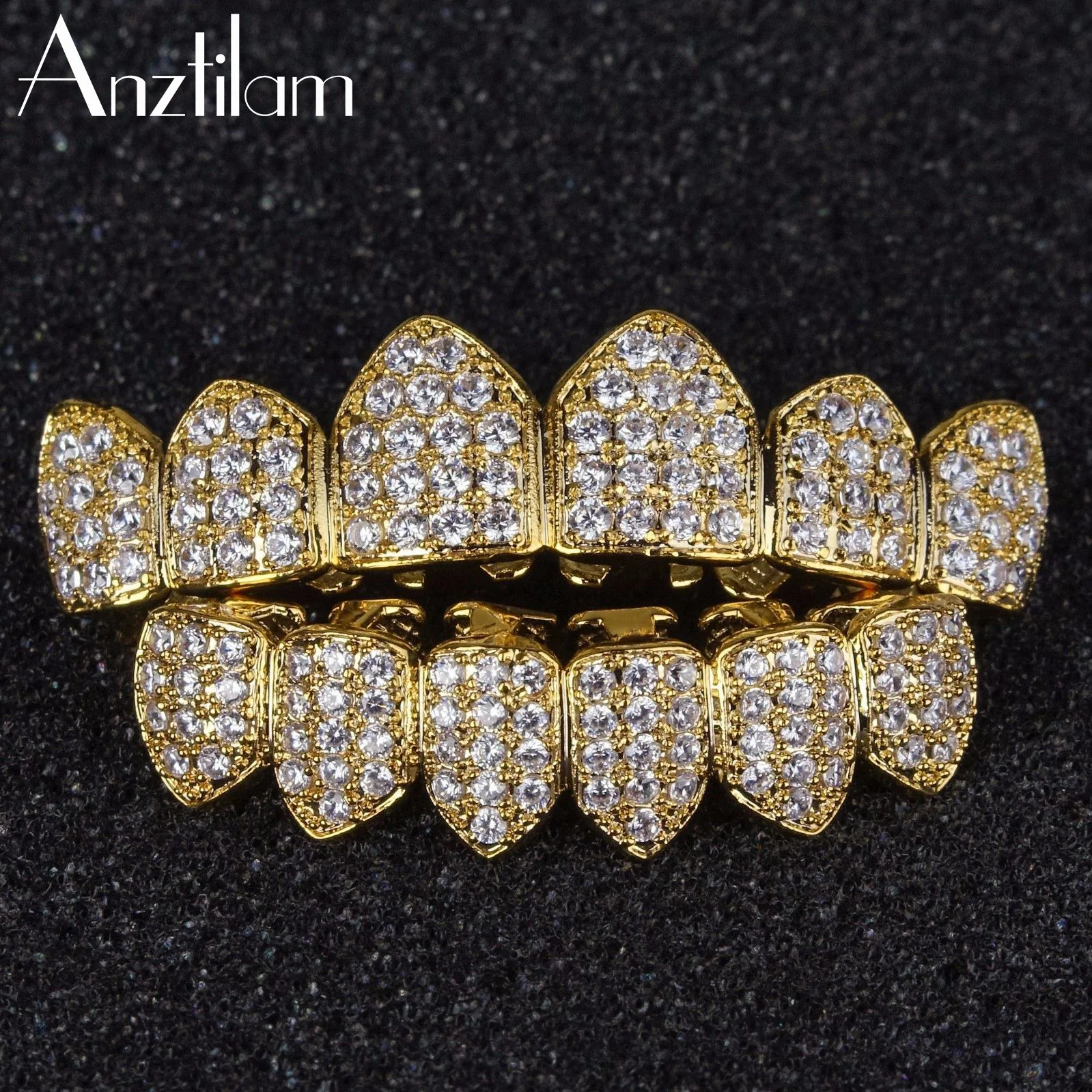 AZ Hip Hop Micro Paved Bling Cubic Zirconia Iced Out Teeth Grillz Top & Bottom Set Dental Grills Men’s Jewelry Gold Silver Color