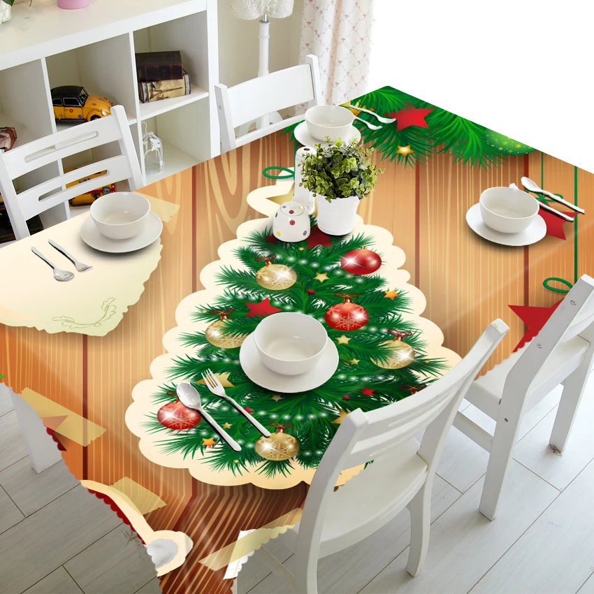 3D Tablecloth Merry Christmas Luminous Christmas Tree Pattern Waterproof Thicken Rectangular and Round Table Cloth for Wedding