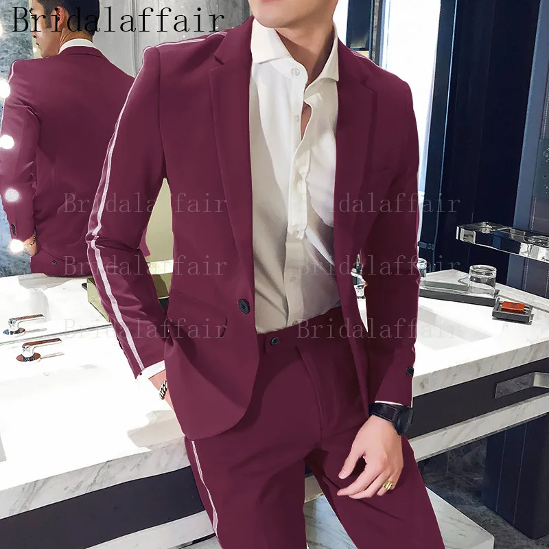 Bridalaffair Summer Suits For Men Wedding Groosmen Lilac Tuxedos with White Trim on side of Jacket and pants Men Casual Suit