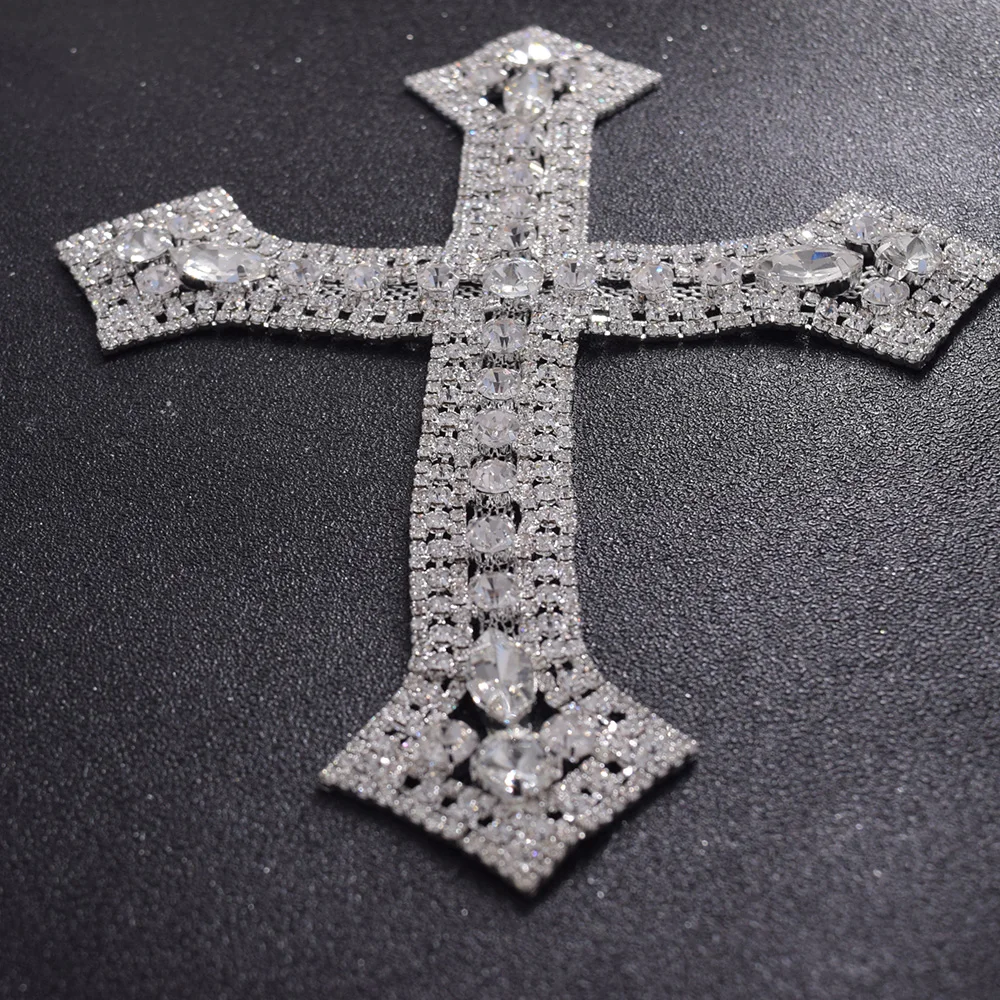 1piece big size silver sewing cross-shape appliques with crystal rhinestone sewing DIY garment clothings patches accessories