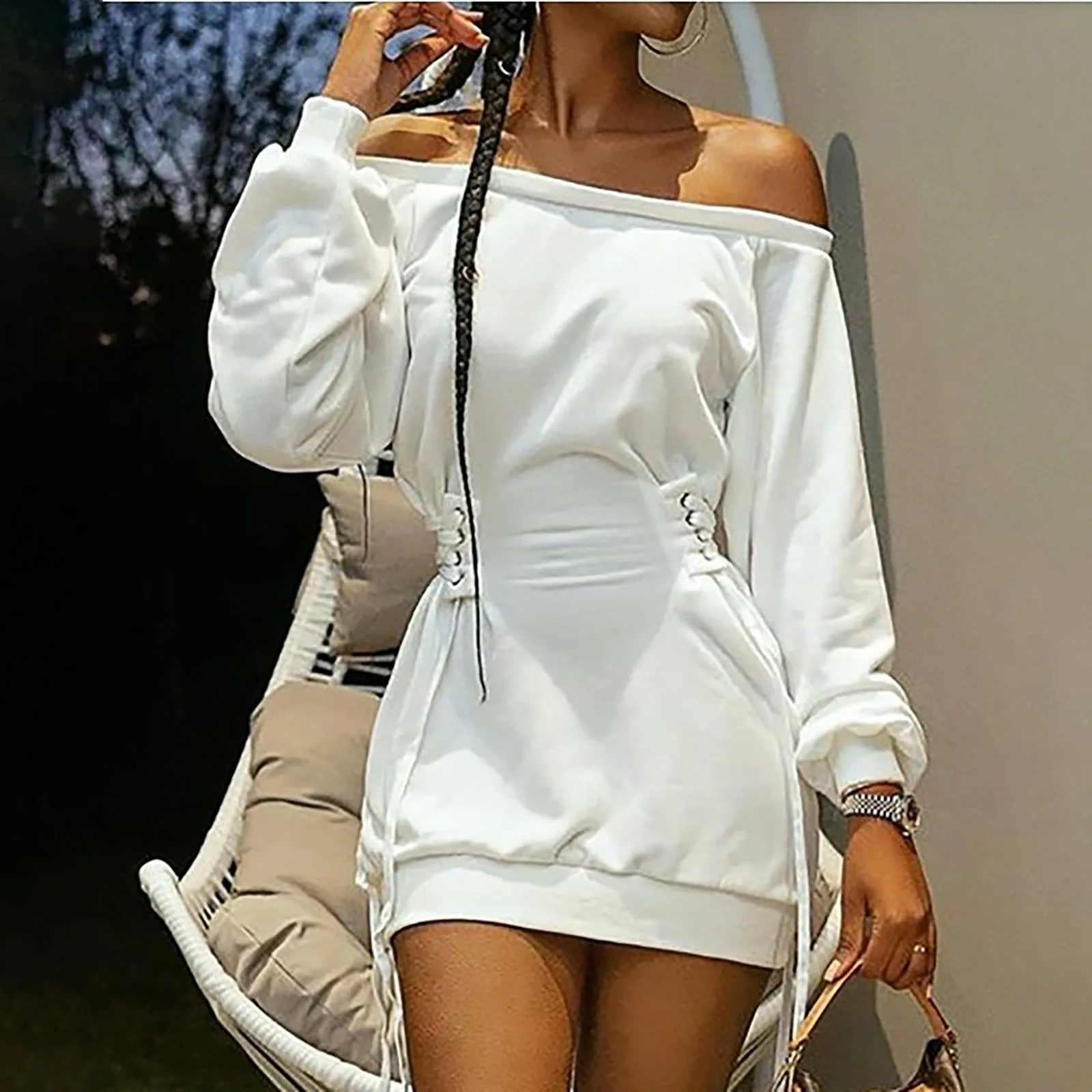 New Autumn Winter Sweatshirt Dress White Sexy Slash Neck Drawstring Waist Slim Hoodie Dress Casual Pullover Dress Vestidos