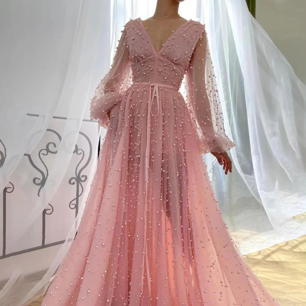 Pink Pearls Tulle Prom Dress V-neck Long Sleeves Women Formal Party Night See Through Evening Dress A-line vestidos de fiesta