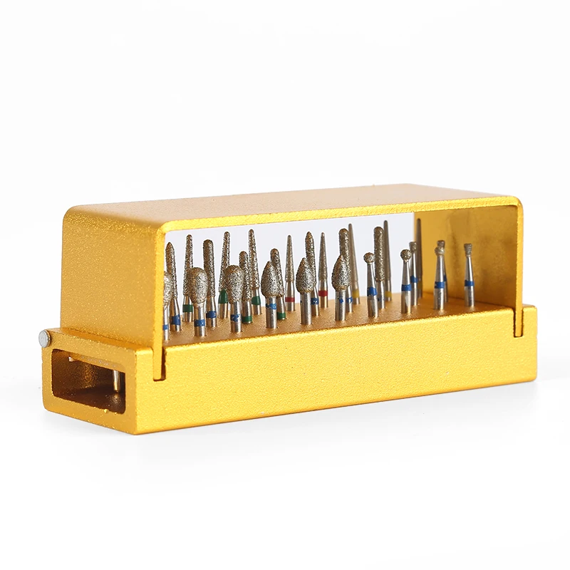 30PCS Dental Bur Diamond Buffing High Speed Burs Drill Eeth Polishing Drillls + 1pcs Aluminum Disinfection Holder Block