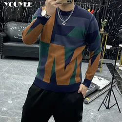 Men's Color Matching Sweater Korean Slim Trendy O-neck Plush Thickened Pullover Bottoming Shirt 2021 Autumn Winter Male Clothing