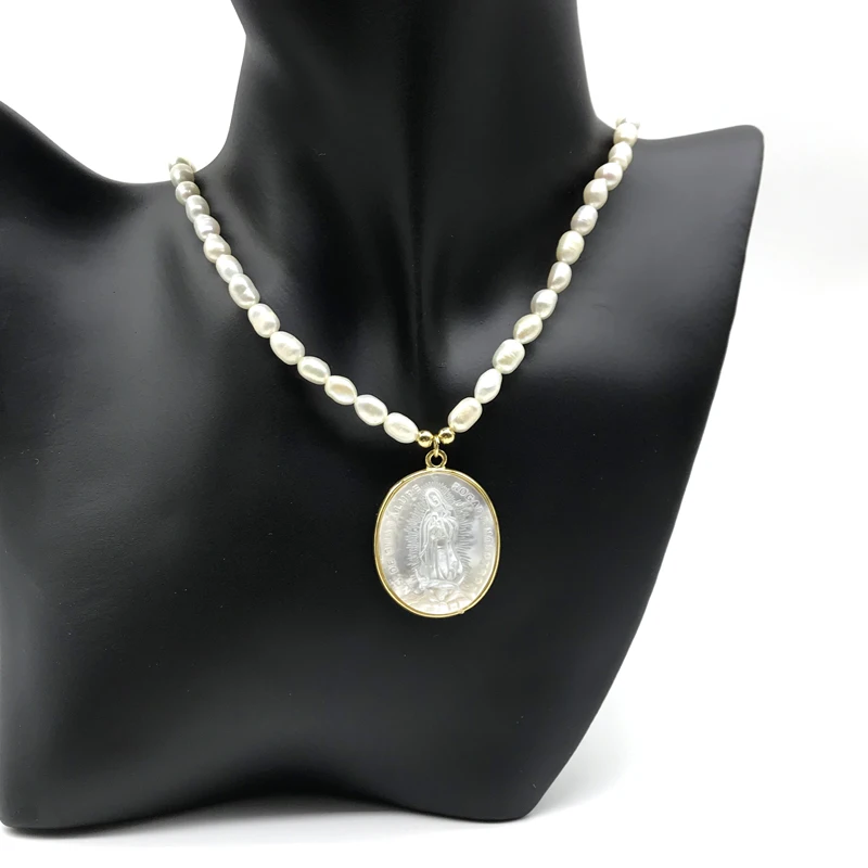 5pcs/lot Handmade Item Female Virgin Mary Medallion Freshwater Pearl Necklace With Extension