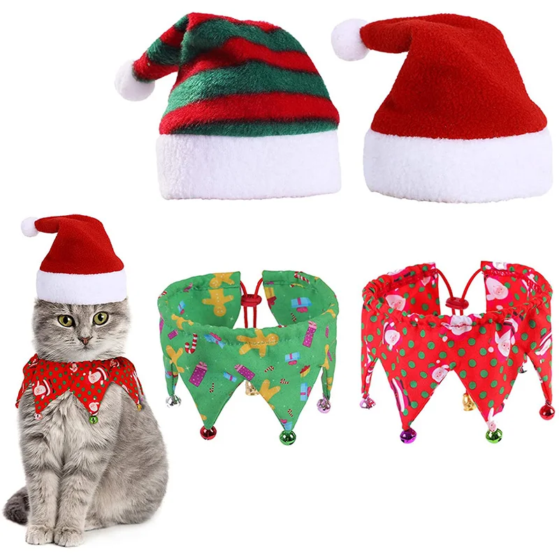 Christmas Cats Adjustable Collar with Bells Pets Hat Scarf Bow Tie Costume Accessories Decoration for kittens Puppy Small Dog