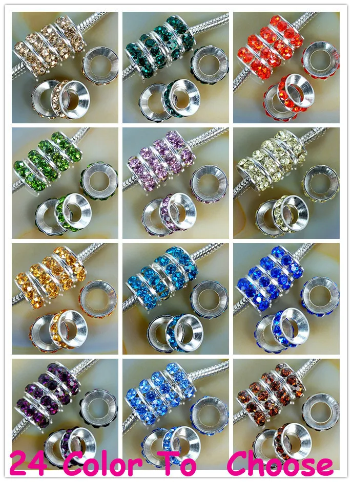 

df23g 10mm Mixed 12 Color Each 50 Pieces Rhinestone Crystal Rondelle Spacer Beads Lot,Rhodium Plated European Beads