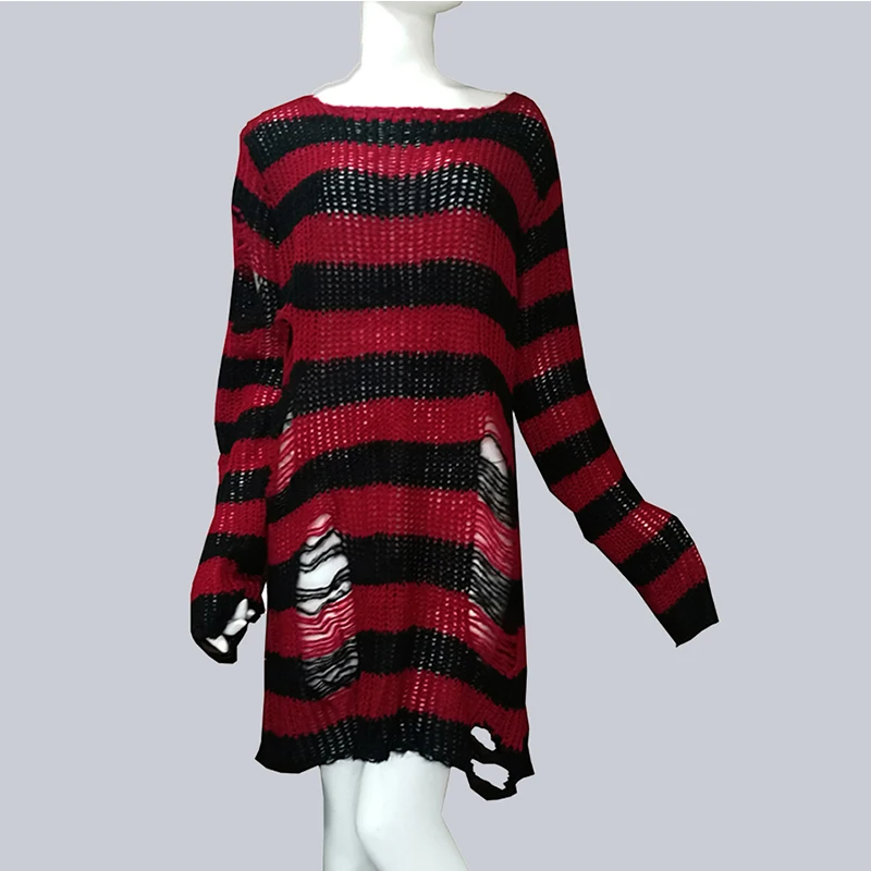 Plus Size Punk Gothic Long Unisex Sweater Dress Cool Hollow Out Hole Broken Jumper Loose Rock Thin Sweter 2020 Women Man Striped