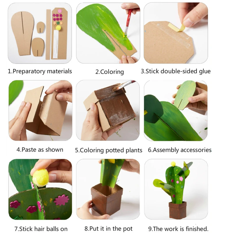 Juguetes de Arte y manualidades para niños, Material de papel de cartón Manual, marco de Cactus encantador, juguetes educativos de jardín de infantes para niñas y niños