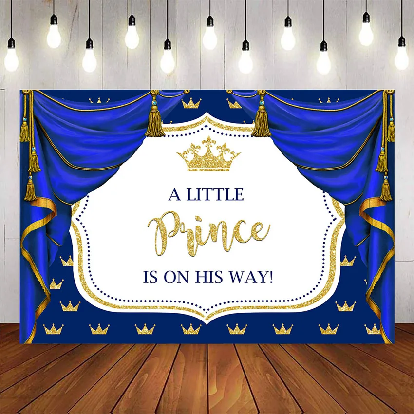 

Blue Curtrain Baby Shower Party Decoration Gold glitter crown background little prince baby shower backdrops custom