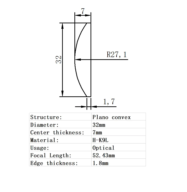 Plano Convex Lens Diameter 32mm Focal  Length 52.43mm H-K9L Glass Lens Optical Glass Optical Lens