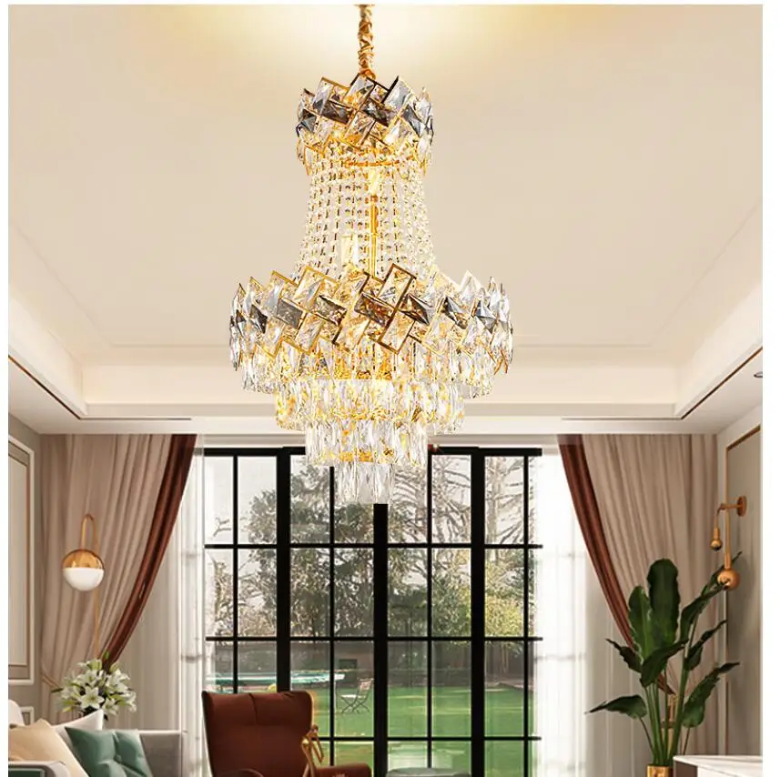 Modern LED Luxury Golden Color European Top K9 Champagne Crystal Chandelier Light Hotel Hall Living Room Dining Room AC 110-240V