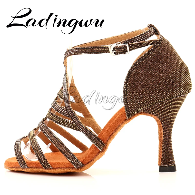 Ladingwu Salsa Jazz Ballroom Latin Dance Black Shoes For Dancing Women Social Brown Chameleon Glitter Dacne Shoes