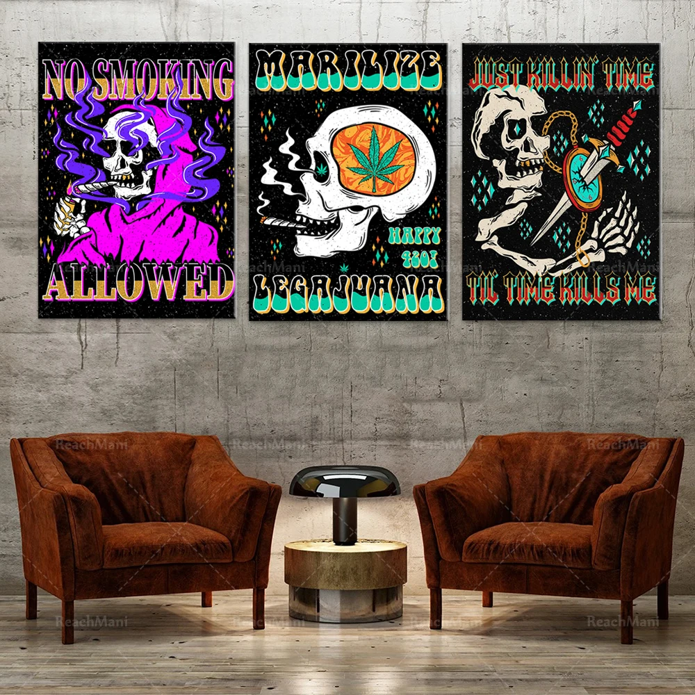 Smoking skull poster, skull prints, gothic artwork, weed artwork, smoking, knuckles, skull psychedelic