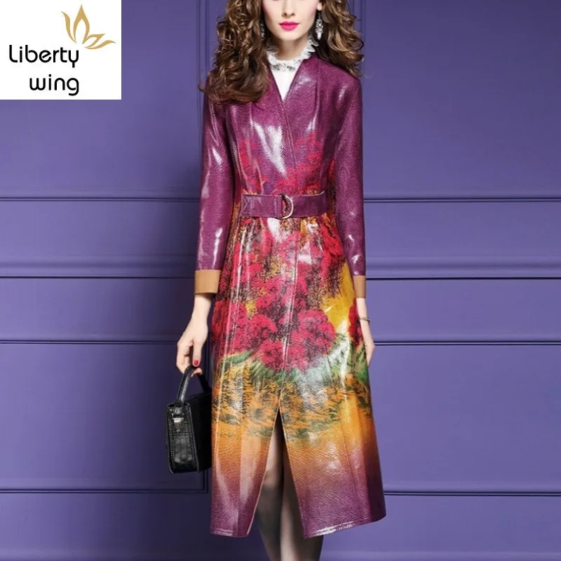 Fashion Belt Trench Office Ladies Chinese Style Print Winter Overcoat Slim Fit Elegant Long Coat Women Clothes Autumn