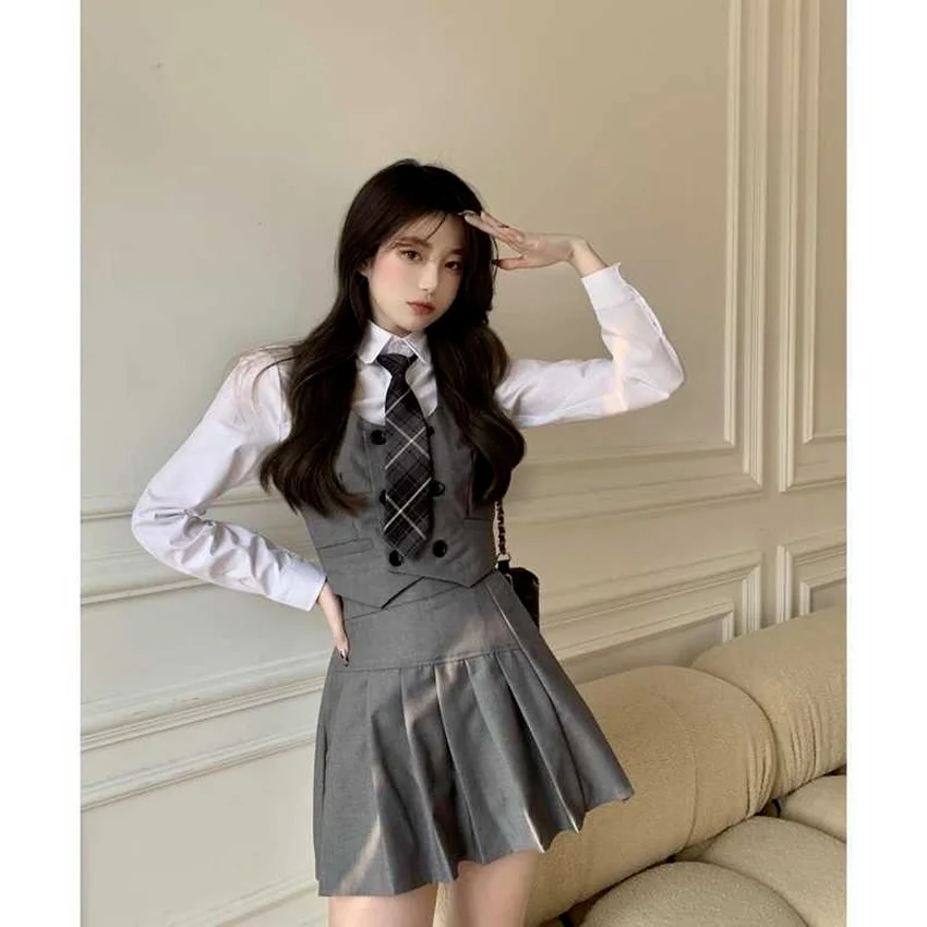 Kawaii senhora uniformes escolares casual colete jaqueta & camisa & saia plissada & gravata manga longa terno escolar feminino estilo universitário conjuntos