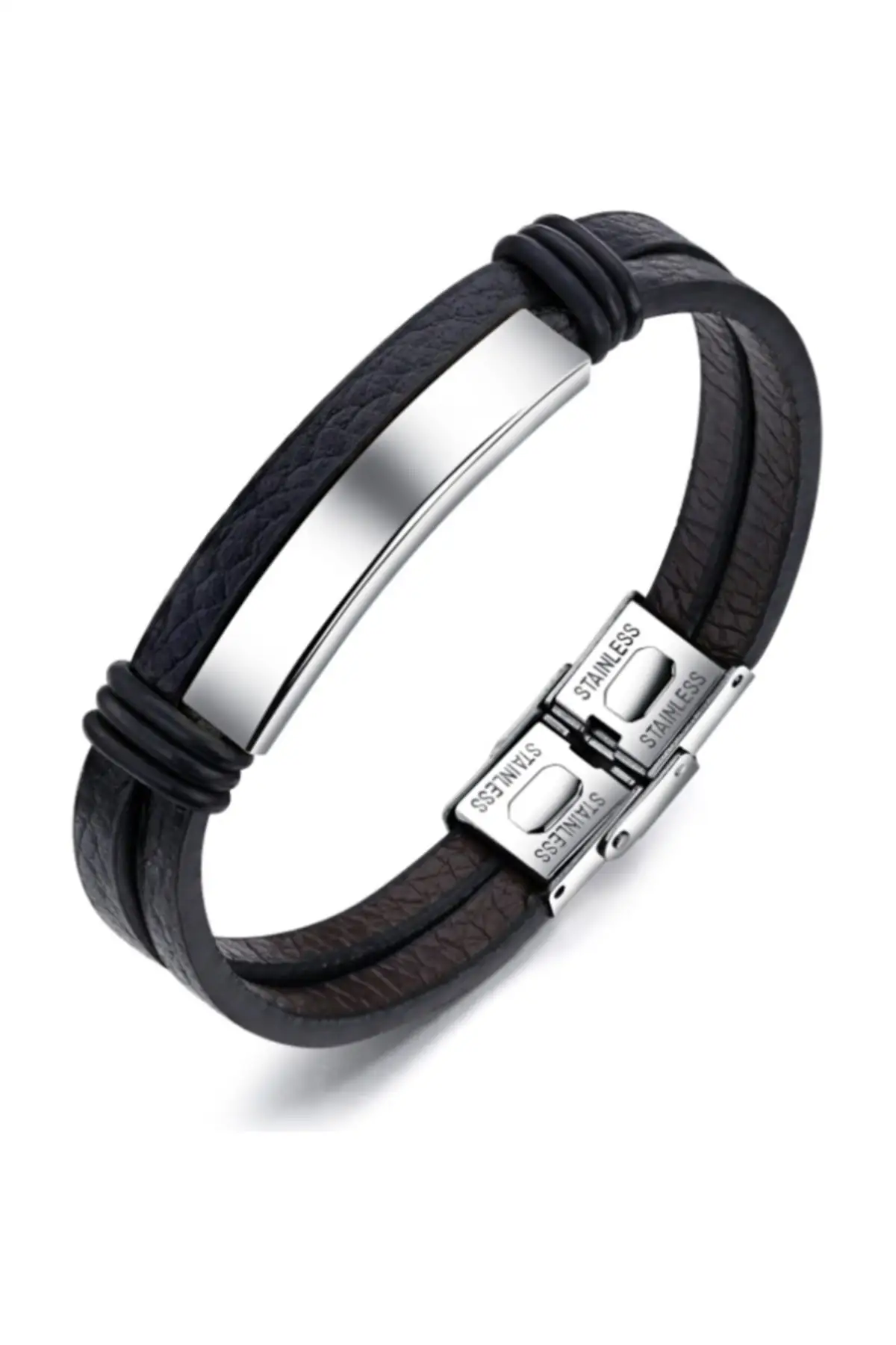 

Gray Steel and Black Leather Men's Bracelet 2021 Jewelry Fashion