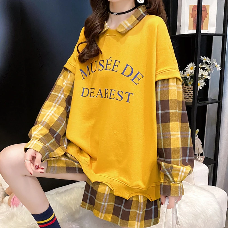 2020 Autumn New Korean Version Loose Fashion Casual Plaid Fake Two-piece Women Sweatshirt Letter Printing Lapel Female Pullover