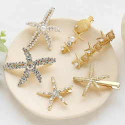 Ocean Series Pearl Hair Clips Women Girls Fashion Barrettes Golden Beach Shell Starfish Rhinestone Hairpin Styling Accessories