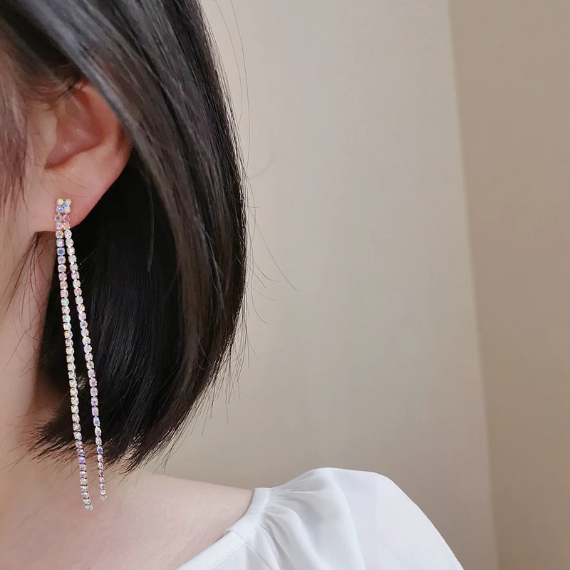 Luxury Long Tassel Full Rhinestone Drop Earrings for Women Bijoux Shiny Crystal Dangle Earring Wedding Party Jewelry Accessories