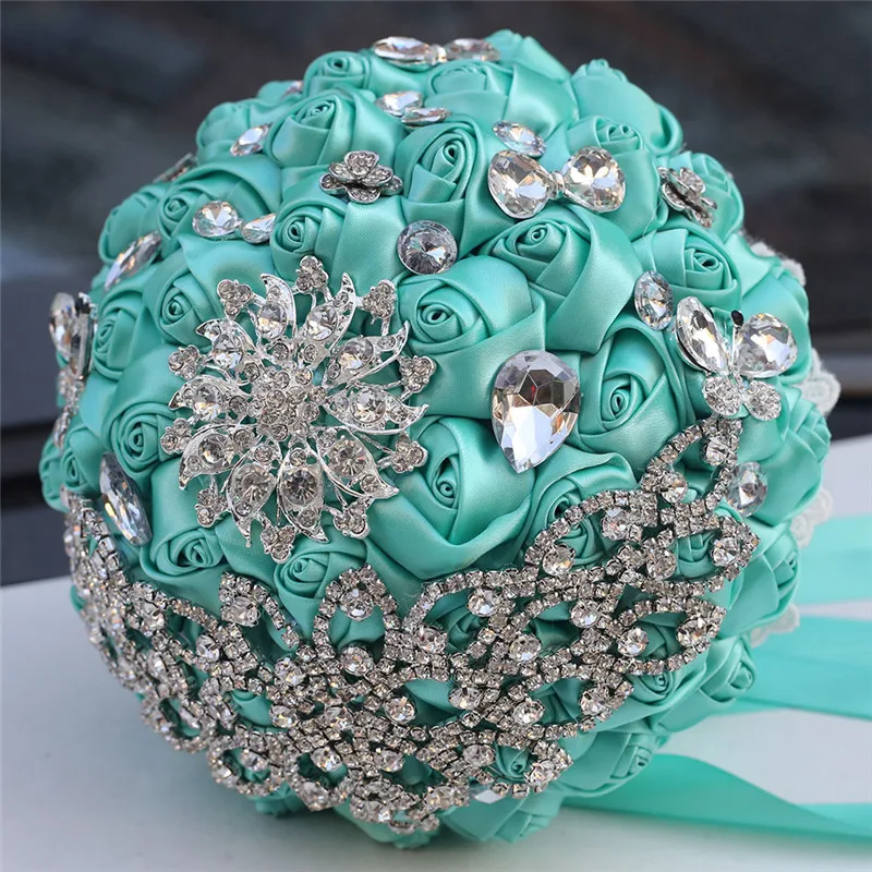 Mint Green Rose Bridal Bouquets Silver Diamond Tassel Crystal Bouquet Bridesmaid Holding Artificial Flowers Brooch Bouquet W571