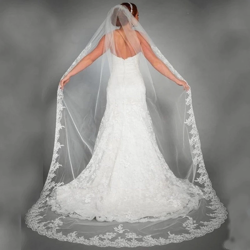 Elegante Hochzeit Zubehör Appliques Tüll Lange Kathedrale Hochzeit Schleier Spitze Rand 1T Braut Schleier 3 Meter Veu De Noiva