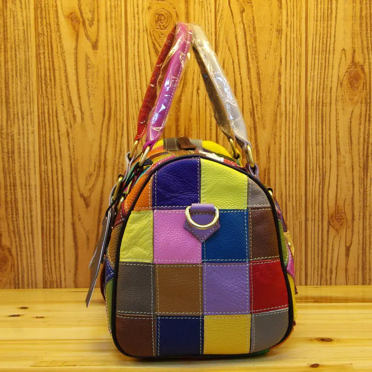 Real Leather Women\'s Casual Multi-color Plaid Stitching Handbag Fashion Colorful Random Spliced Messenger Shoulder Tote bag Q216