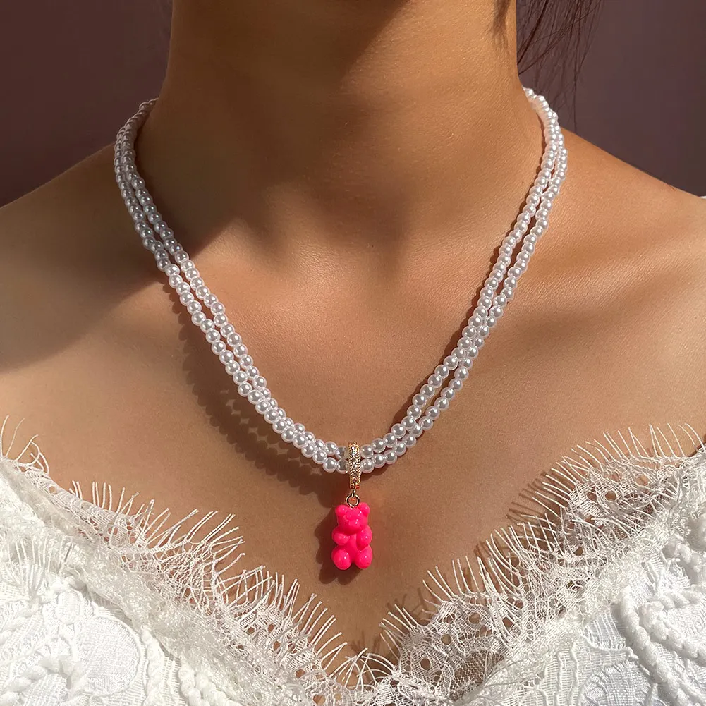 Kpop Multi layer Pearl Beaded Zircon Bear Gummy Choker Necklace For Women Colorful Cartoon Jelly Bear Beads Necklace Y2k Jewelry