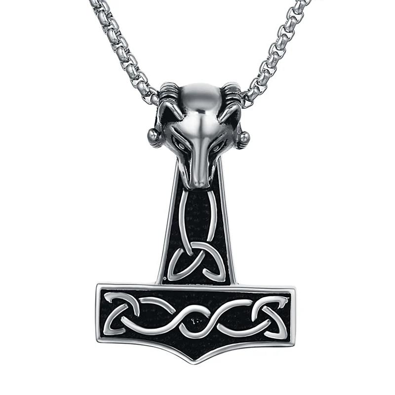 Vintage Silver Thor Hammer Goat Pendant Necklace Stainless Steel Scandinavian Mjolnir Thor's Hammer Necklaces Jewelry for Men