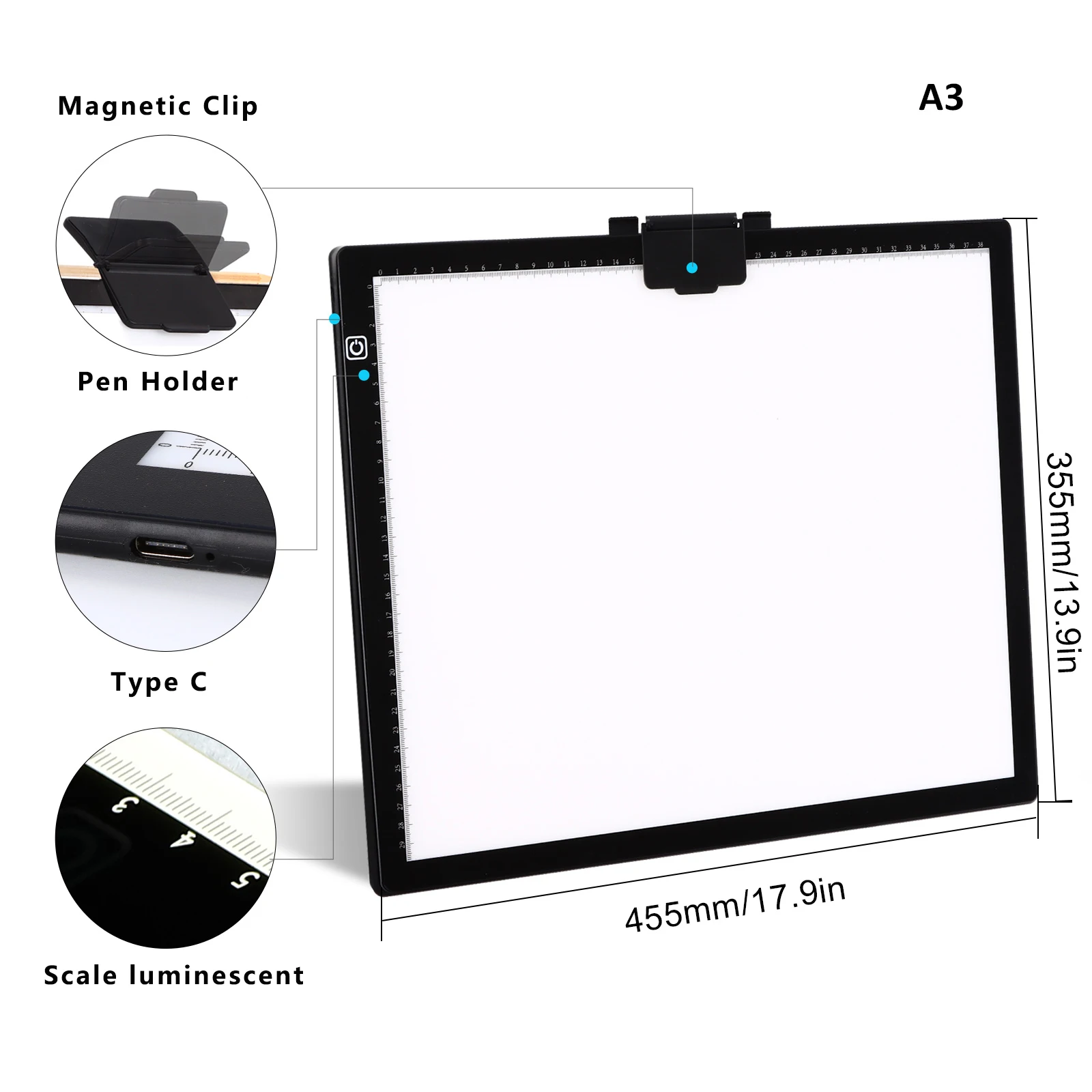 A3(45.3x35.3cm) LED Light pad for Diamond Painting Light Tracer Magnetic Clip Pen Holder 6 Level Brightness Dimmable Light Pad