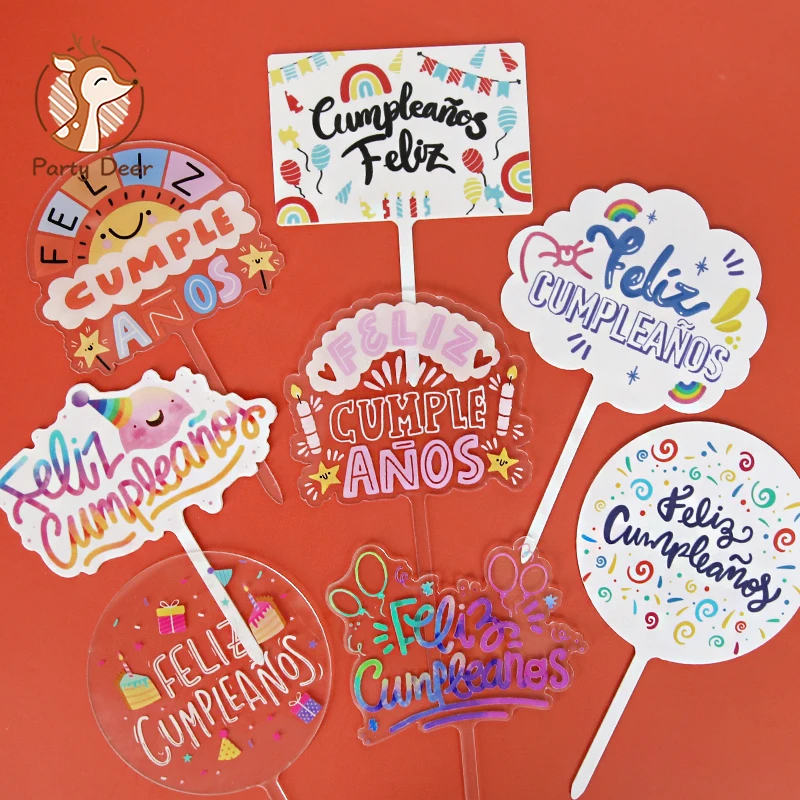 Feliz cumpleaños. Español Acrylic colorful Happy Birthday Cake Topper in Spanish for Party Decoration Baking Supplies Gifts