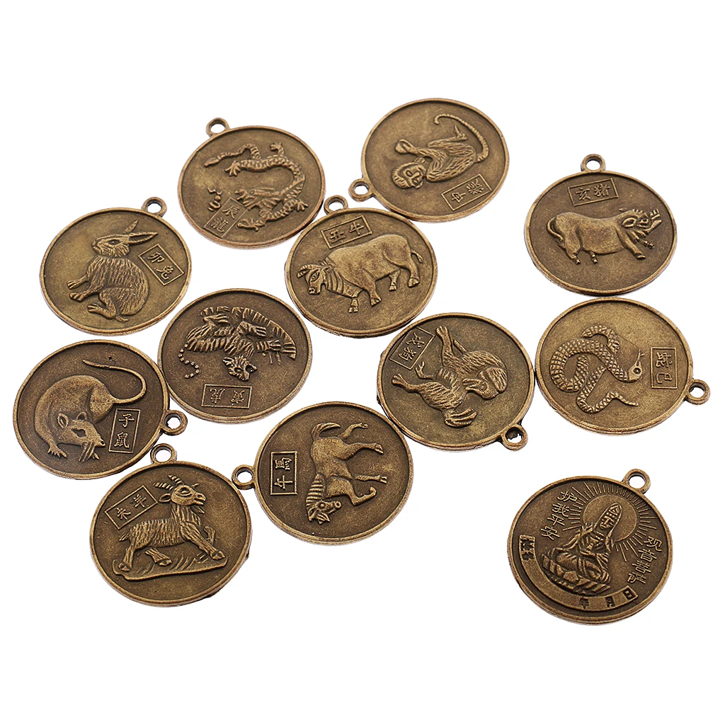 12pcs Bronze Chinese  Horoscope Animals Charms Necklace Amulet Pendant