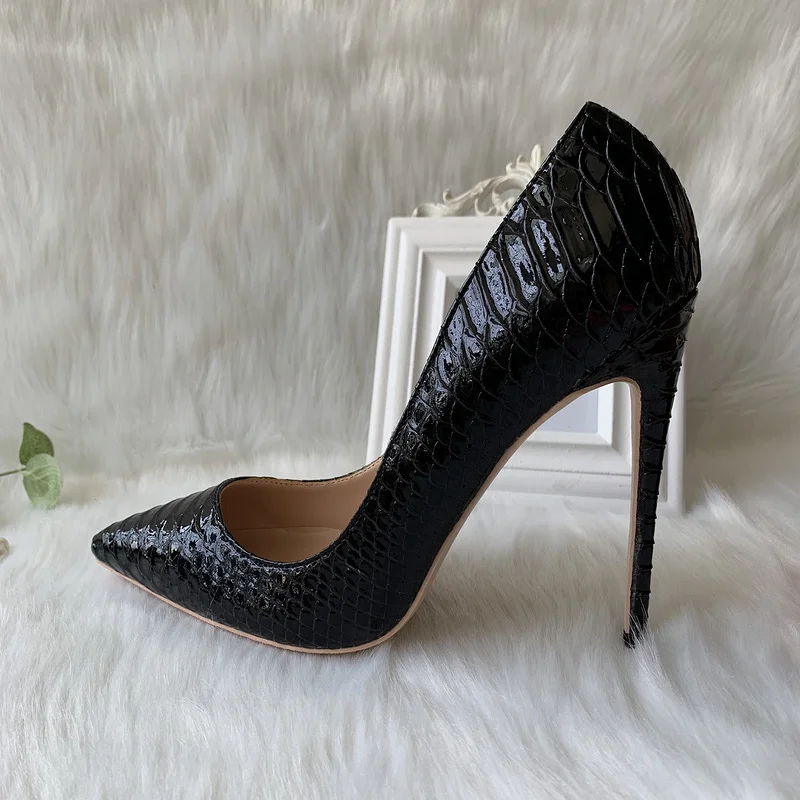 

2023 Factory outlet custom made black patent snake python leather pointed toe 120mm high heel shoes pump plus size 12 on sale