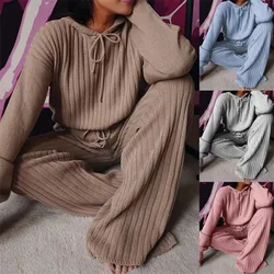 Spring Autumn Knitted Set Women Outfit Long Sleeve Hooded Pullover Top Wide Leg Long Pants 2 Piece Set Women Tracksuit