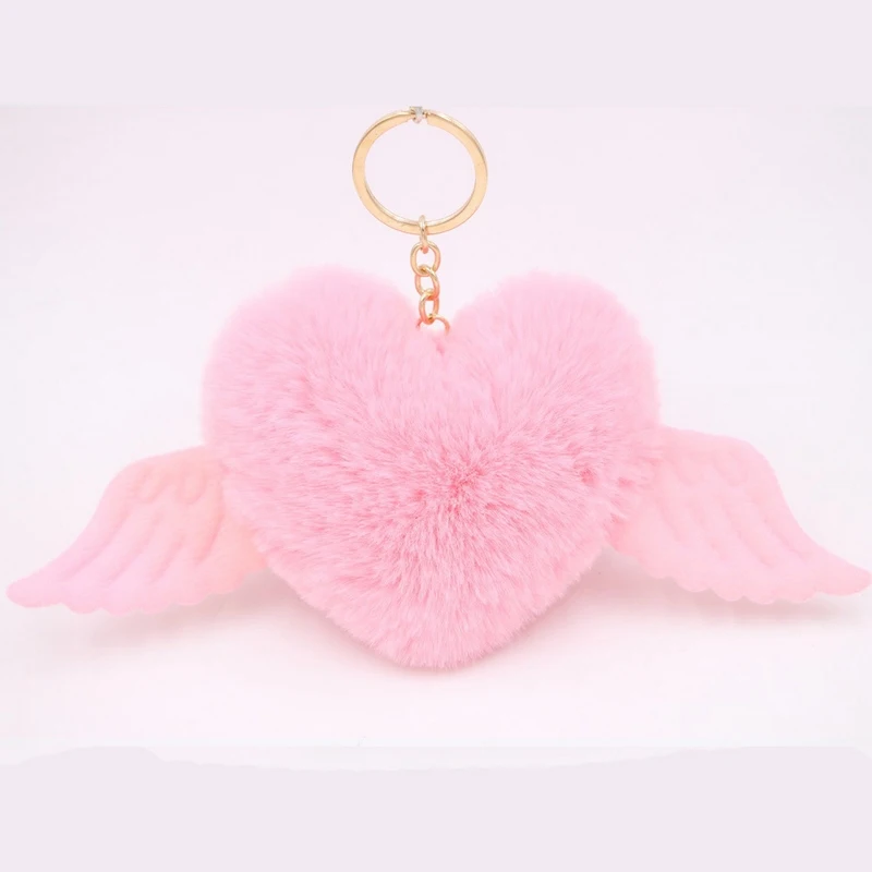 Cute Girls Fluffy Rabbit Fur Angel Wing Keychain Women Pompon Heart Fur Ball Key Ring Car Bag Pompom Trinket Jewelry Party Gift