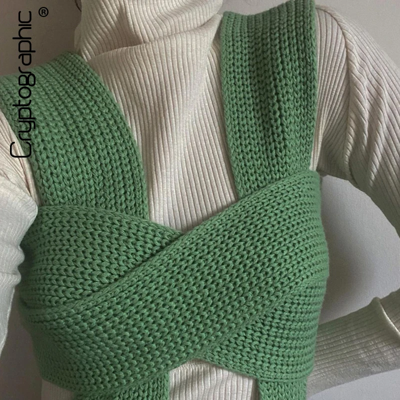 Cryptographic Fall Winter Knitted Crop Tops Sweaters Sleeveless Pullover Female Bandage Sweater Solid Chic Fashion Top Women